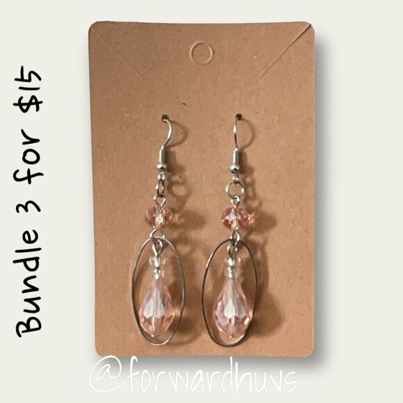 Bundle 3 for $15 Silver Tone with Pink Bead Dangle Earrings - Picture 4 of 8